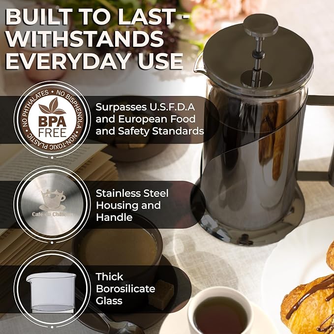 Cafe Du Chateau Stainless Steel French Press Coffee Maker 34 oz - Easy to Use Insulated Coffee Press with 4-Level Filtration, Manual Brewer for Tea, Camping & Travel with BPA Free, Durable Clear Glass
