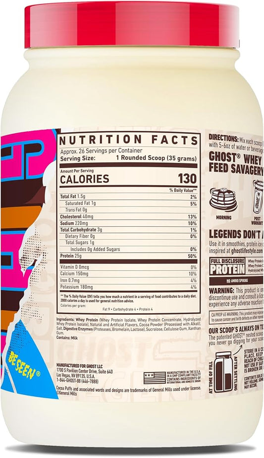 GHOST Whey Protein Powder, Cocoa Puffs Cereal Milk - 2LB, 25G of Protein - Whey Protein Isolate & Concentrate Blend - Post Workout Fitness & Nutrition Shakes, Smoothies & Baking - Soy & Gluten Free