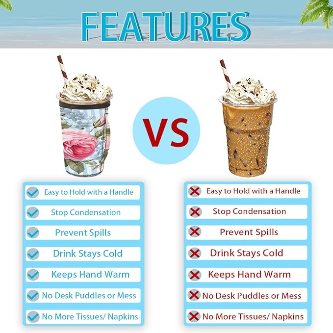 Reusable Iced Coffee Cup Sleeve Rose Blue Stripes Neoprene Insulated Sleeves Cup Holder with handle Idea for 30oz - 32oz