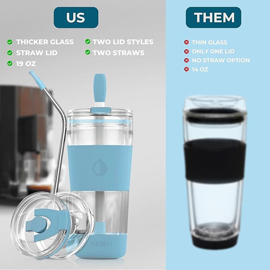 19 oz. Double Wall Glass Coffee Tumbler, To Go Travel Mug with Lid, Portable Glass Thermos with Straw, Reusable Cup, Tea, Smoothies, Ice Coffee, and Boba