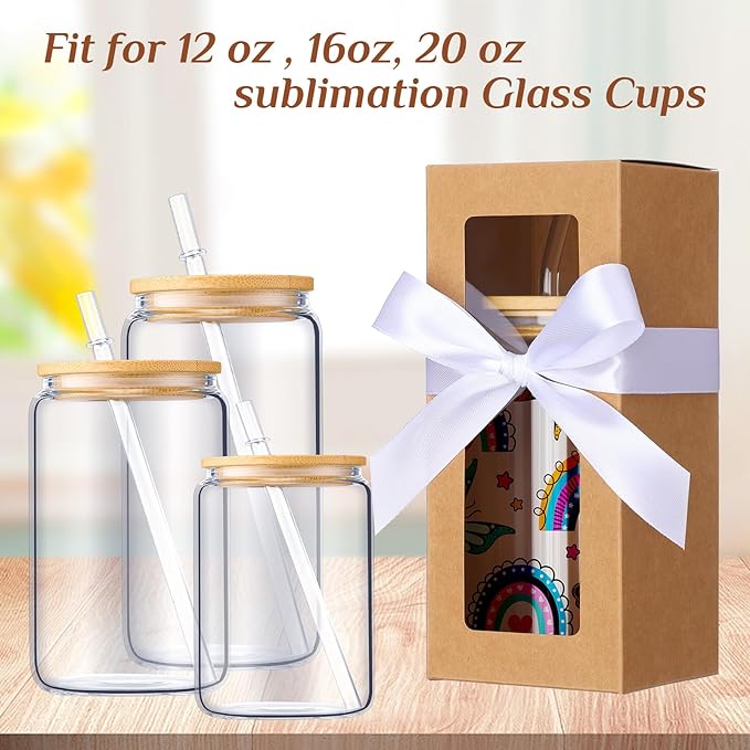 Honoson 24 Pcs Tumbler Gift Box with Ribbon for Sublimation Glass Exhibition Boxes Transparent for 12oz 16oz 20oz Drinking Cup Glasses Jars Mug Can Blanks(Brown)