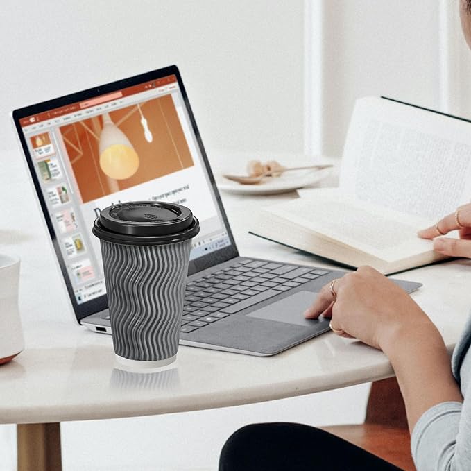 Clawsoff 500 Pack Coffee Cups with Lids 16oz, Disposable Insulated Ripple Wall To Go Paper Coffee Cups for Hot/Cold Drinks Office Home Shop Event (Grey)