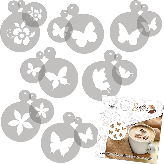 NAKLEO Coffee Stencils and Cookies Decoration 14Pcs 2.8”x2.8” and 4.3”x4.3”, Reusable Plastic Baking Templates, Butterflies Wings Animals, Barista DIY Art Craft, Capuccino Latte Chocolate Cake Biscuit