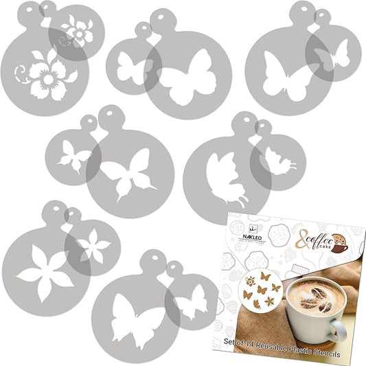 NAKLEO Coffee Stencils and Cookies Decoration 14Pcs 2.8”x2.8” and 4.3”x4.3”, Reusable Plastic Baking Templates, Butterflies Wings Animals, Barista DIY Art Craft, Capuccino Latte Chocolate Cake Biscuit