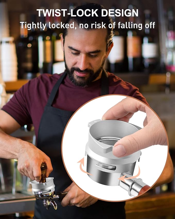 Vomika 54mm Coffee Dosing Funnel, Hands-Free Aluminum Dosing Ring & 53.5mm Stainless Steel Puck Screen, Espresso Accessories suitable for 54mm Breville Barista Portafilters, with Grinding Trigger