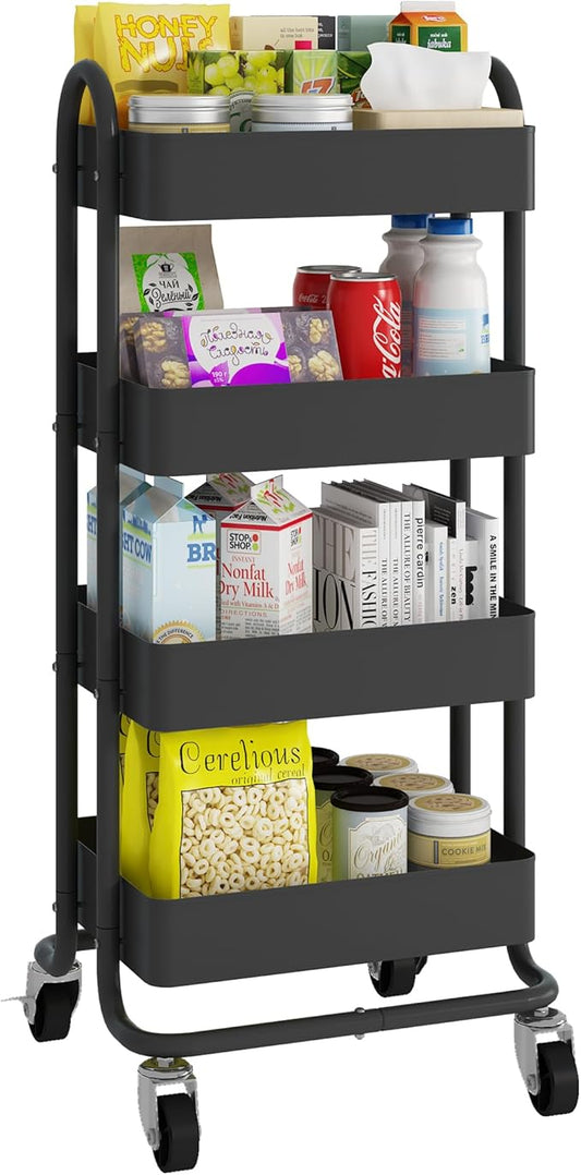 Metal 4-Tier Rolling Cart with Handle,Multifunction 4-Tier Rolling Cart Metal with Wheels,Kitchen Storage Carts Suitable for Office,Home,Kitchen,Garden（13.4"x18.1"x40"） Black