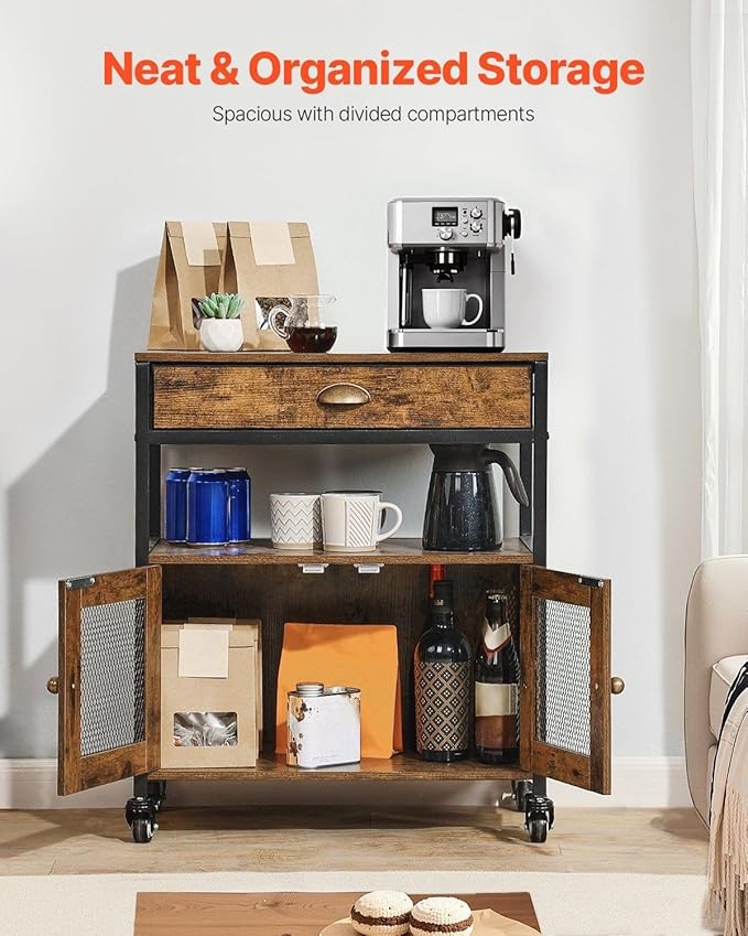 Farmhouse Coffee Bar Cabinet with Wheels, 24 Inch Movable Sideboard with Storage, Multi-Purpose Buffet Table for Kitchen, Entryway Decor