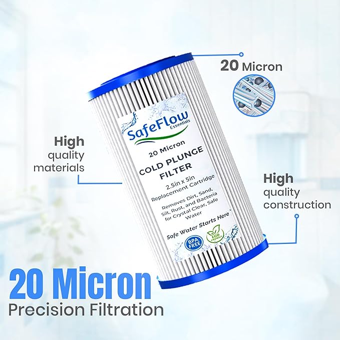 SafeFlow Essentials 5" x 2.5" Cold Plunge Filter 20 Micron – Fits The Pod Ice Cold Plunge Water Chiller, Cold Plunge Filters, and Under Kitchen Sink Systems (8)