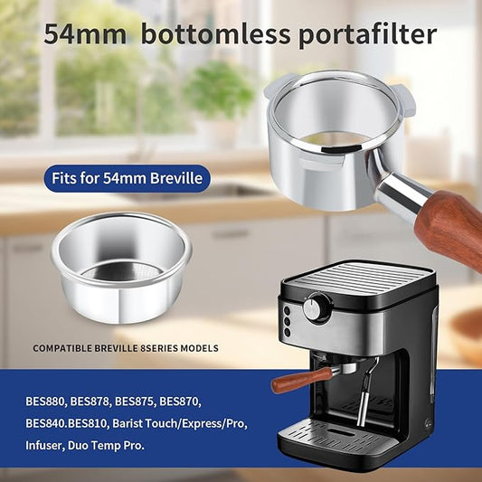 54mm Bottomless Portafilter with Stainless Steel Filter Holder & Basket - 3-Ear Espresso Filter for Breville Barista Express (BES870/878/875/840/Duo-Temp Pro) - Durable Solid Wood Handle –by Aeglemana