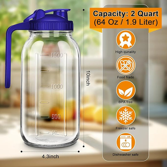 64oz Glass Pitcher with Lid, 2 Quart Mason Jar Pitcher with Lid and Spout, Wide Mouth Breast Milk Pitchers Glass Jug Sun Tea pitcher, Cold Brew Coffee Pitchers, Fridge Container for Water, Juice, Tea