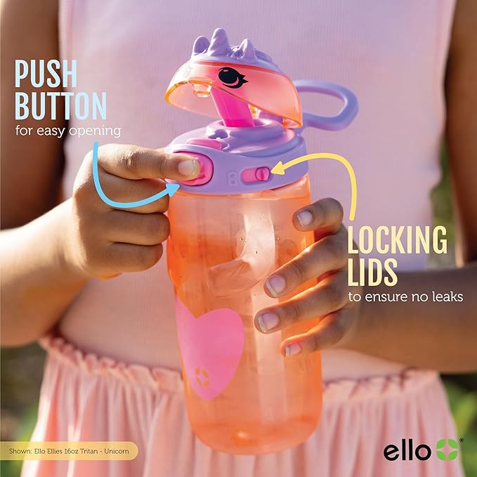 Ello Ellies 16oz Plastic Kids Water Bottle with Straw and Built-in Carrying Handle and Leak-Proof Locking Lid for School backpack, Lunchbox and Outdoor Sports, Dino