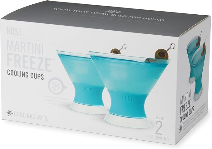 HOST Freeze Insulated Martini Cooling Cups, Plastic Freezer Gel Chiller Double Wall Stemless Cocktail Glass Set of 2 9oz, Tinted Aqua Blue, Green