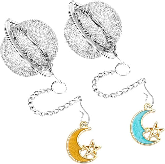 2Pcs Stainless Steel Mesh Tea Infuser, 2.1 inch Tea Ball with Moon and Star Pendant,Tea Strainer Tea Diffuser Tea Steeper for Filtering Tea,Tea Infusers for Loose Tea (Moon and Star, 2PC)