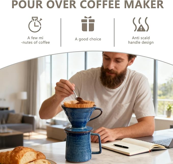Ceramic Pour Over Coffee Maker Set, Starry Blue Coffee Dripper Cone with 40 Filters, 14 Ounces/400ml Pot
