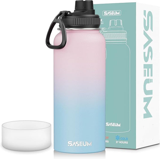 SASEUM Sport Water Bottle 32oz Stainless Steel Double Wall Vacuum Thermal Mug with Leak Proof Spout Lids, Wide Mouth Metal Insulated Water Jug for Gym and Travel（Blue Pink）