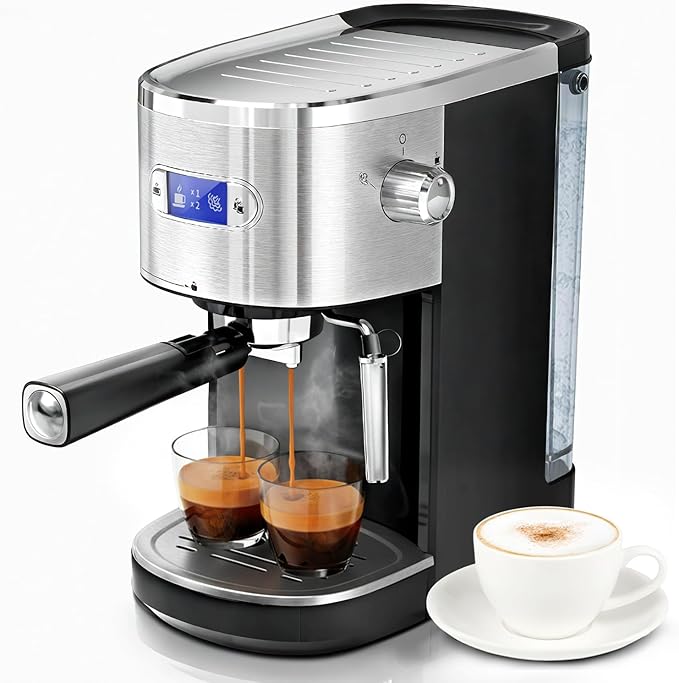 20 Bar Espresso Machine Semi-Automatic, Professional Coffee Maker with Milk Frother Steam Wand & 45OZ Removable Water Tank, Home Barista System for Cappuccino, Latte, Americano-Stainless Steel