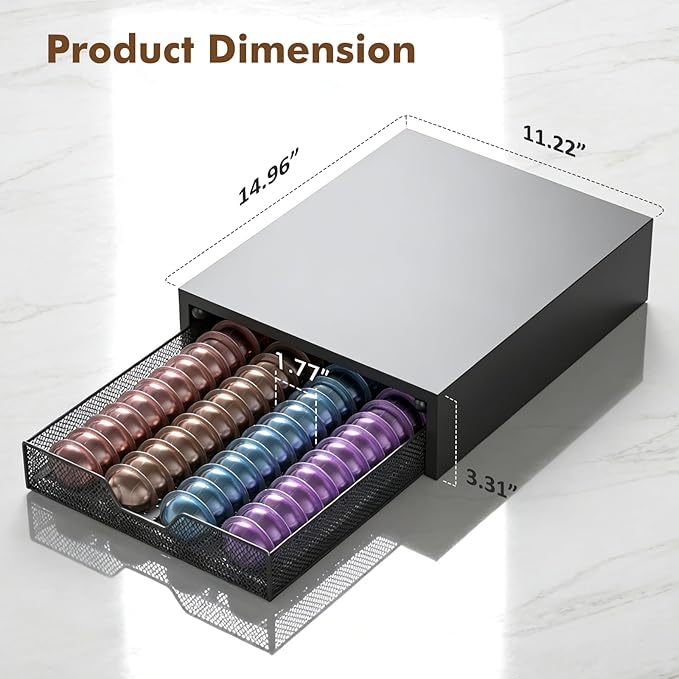 Nespresso Pods Holder, K Cup Holder, Coffee Pod Holder Organizer Compatible with Nespresso Vertuo Capsules, Holds 60 Small or 40 Large Pods, Black