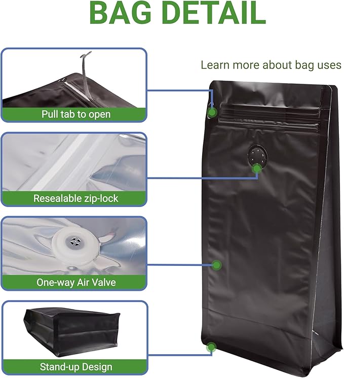 100 Pack 8 oz Coffee Bags with Valve Black Flat Bottom Coffee Beans Packaging Pull Tab Zipper Resealable Bags