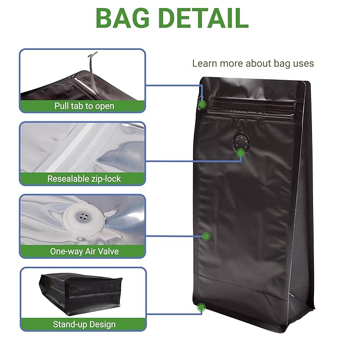 PouchWorth 50 Pack 12 oz Coffee Bags with Valve Black Flat Bottom Coffee Beans Packaging Pull Tab Zipper Resealable Bags
