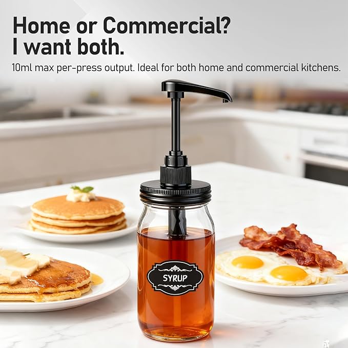 2 Pack Syrup Dispenser Kit for Mason Jar, Plastic Dispenser Pump and Lid for 16OZ to 33OZ Regular Mouth Mason Jar, Food Grade&10ML Pump for Maple Syrup, Honey, Ketchup, Home and Commercial