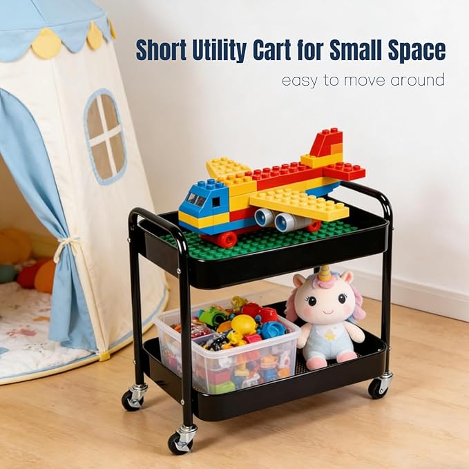 2 Tier Rolling Cart with Wheels for Under Desk Storage & Pantry Room, Large Capacity Laundry Room & Makeup Organizer, Sturdy Kitchen Utility Cart for Small Space with 4 Hooks, Black
