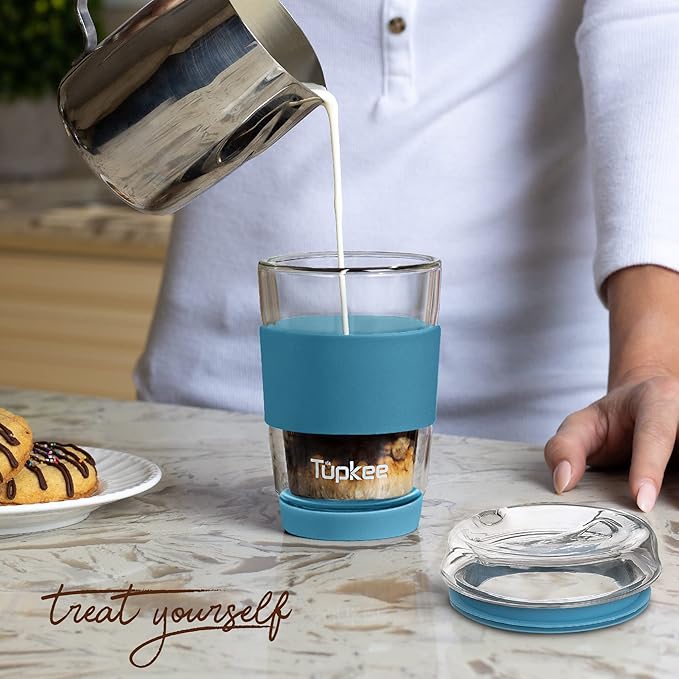 Tupkee Double Wall Glass Tumbler - 8-Ounce, All Glass Hand Blown Reusable Insulated Tea/Coffee Mug & Lid, Travel Mug - Niagara