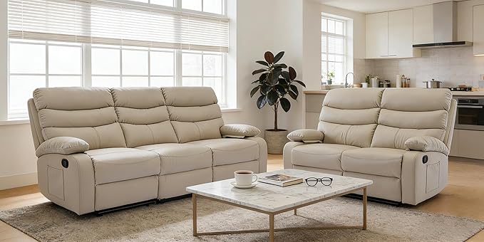 Reclining Couch Sofa Set Leather Recliner Couch Sofa and Loveseat Sets for Living Room, RV, Theater Seating(3 Seat Sofa+Loveseat,Beige)