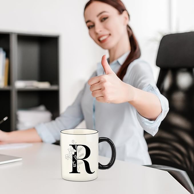 Monogram Ceramic Coffee Mugs, 11 oz Initial Drinking Cup with Gift Box, Unique Birthday Christmas Gifts for Women Wife Mothers Day Grandma Mom Aunt, R