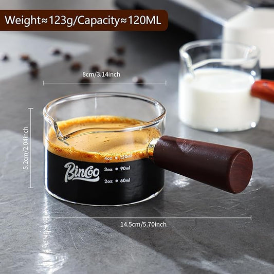 Espresso Shot Glasses with Wood Handle, 120ml Glass Coffee Bean Dosing Cup with Spout,Clear Espresso Measuring Cup Glass for Barista Coffee Measure (Single Spout)