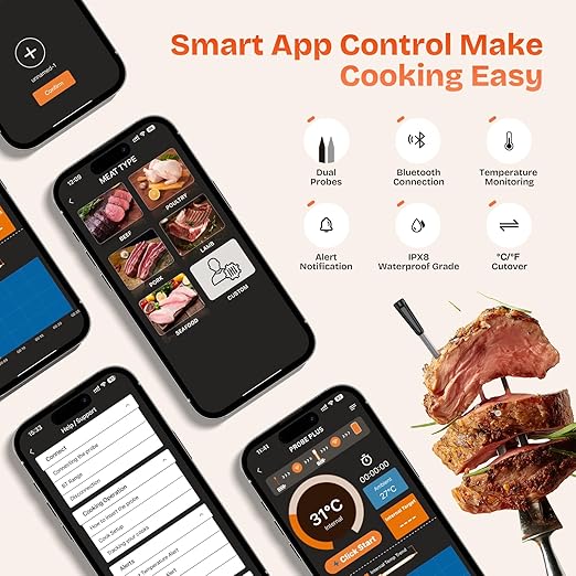Smart Wireless Meat Thermometer with 2 Color-Coded Probes,Standalone Display Base, Accuracy ±1°F，Digital Bluetooth Thermometer for Cooking, Oven, Smoker, BBQ, Grill Real-Time Monitoring in App