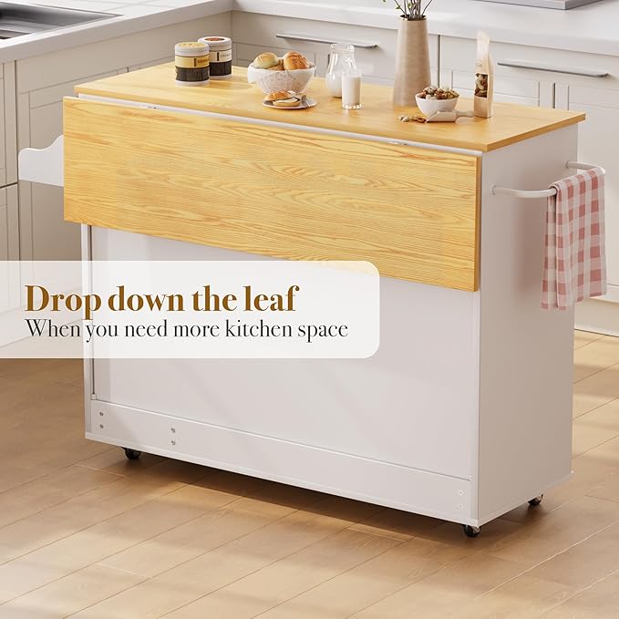 Kitchen Island on Wheels with Storage-Multifunctional Kitchen Island Cart with Drop Leaf, Rolling Island with Spice/Towel Rack,Expandable Island Table Kitchen,39.37" Width,White