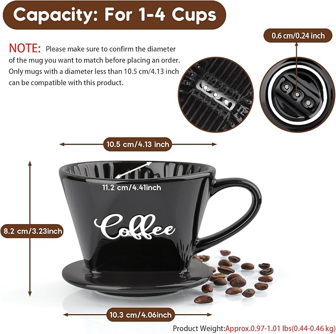 Pour Over Coffee Maker, Ceramic Pour Over Coffee Dripper, Manual Brew Maker, Black Kitchen Decor and Accessories, Single Cup Porcelain Slow Brewing Accessories for Cafe Coffee Bar
