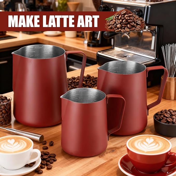 Maxdot 3 Pack Milk Frothing Pitcher 12 Oz, 20 and 30 oz Milk Frother Cup Stainless Steel Espresso Steaming Pitcher with Scale Frother Jug with Art Pen for Cappuccino Coffee Latte Art (Claret)