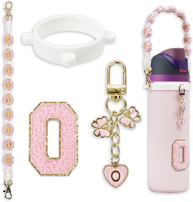 Compatible with Owala Water Bottle Accessories, Cute Letter Charm Set with Boho Handle Strap, Monogram Sticker, Silicone Ring, Keychain Decoration, for FreeSip 24 32 40oz, Owala Kids, Tumbler Gift