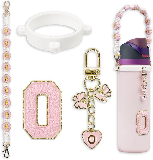 Compatible with Owala Water Bottle Accessories, Cute Letter Charm Set with Boho Handle Strap, Monogram Sticker, Silicone Ring, Keychain Decoration, for FreeSip 24 32 40oz, Owala Kids, Tumbler Gift