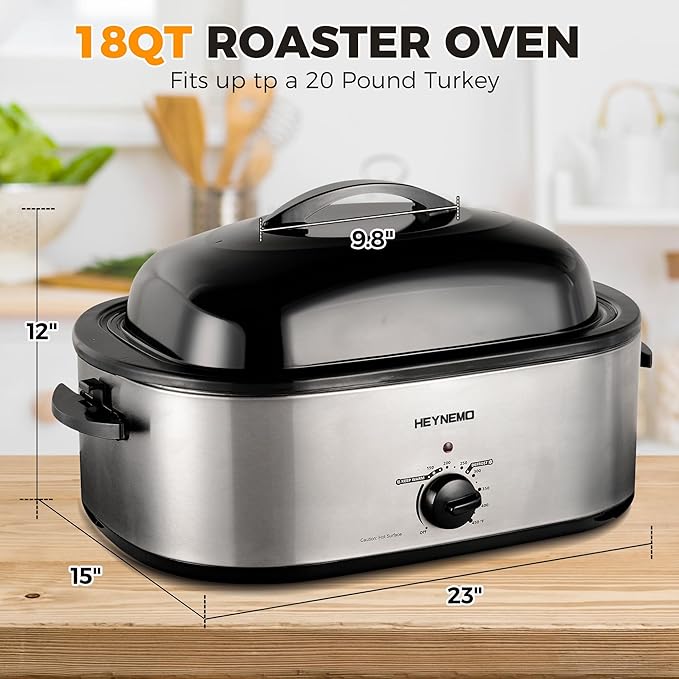 18 Quart Roaster Oven with Self-Basting Lid, Electric Turkey Roaster Oven with Defrost & Warm Function, Adjustable Temperature, Removable Pan Rack, Stainless Steel, Silver