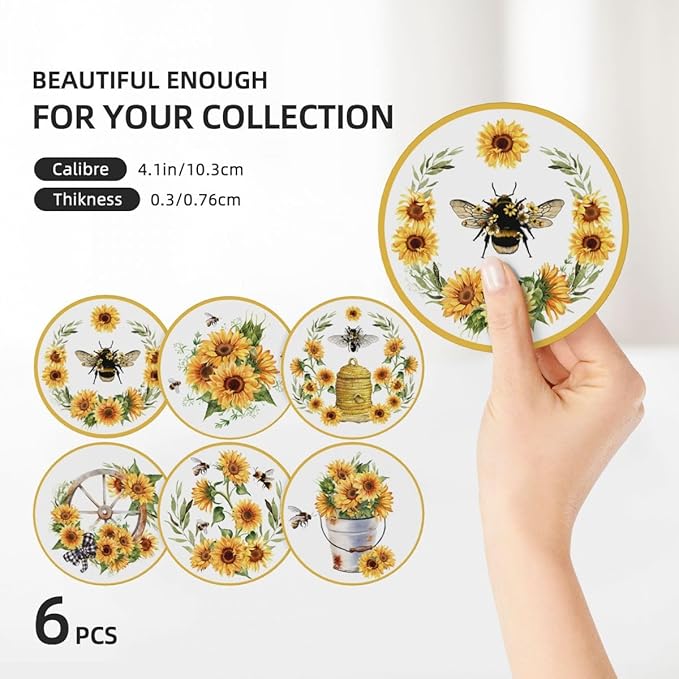 Drink Coasters for Drinks Set of 6, Watercolor Sunflower Cute Bee Absorbent Round Ceramic Stone Mat, with Cork Base and Metal Holder, Home Bar Decor House Warming Gift