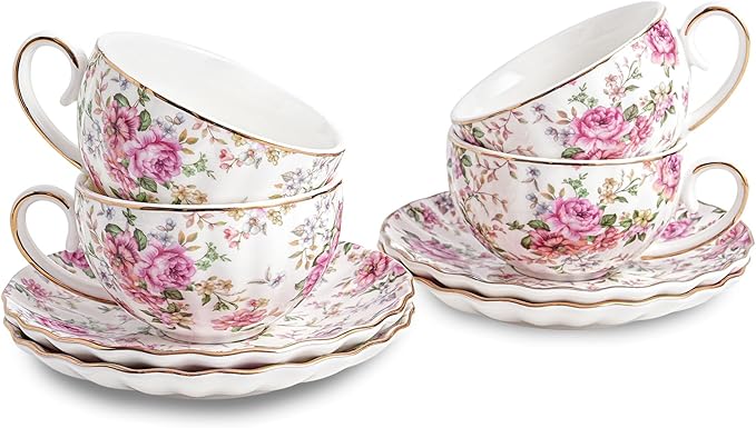 Tea Cup and Saucers, 6.4oz Floral Tea Cups with Gold Trim, Porcelain Teacup, Coffee Cappuccino Espresso Latte Mugs for Party Birthday,Party Cafe Home, Christmas Gift (White)