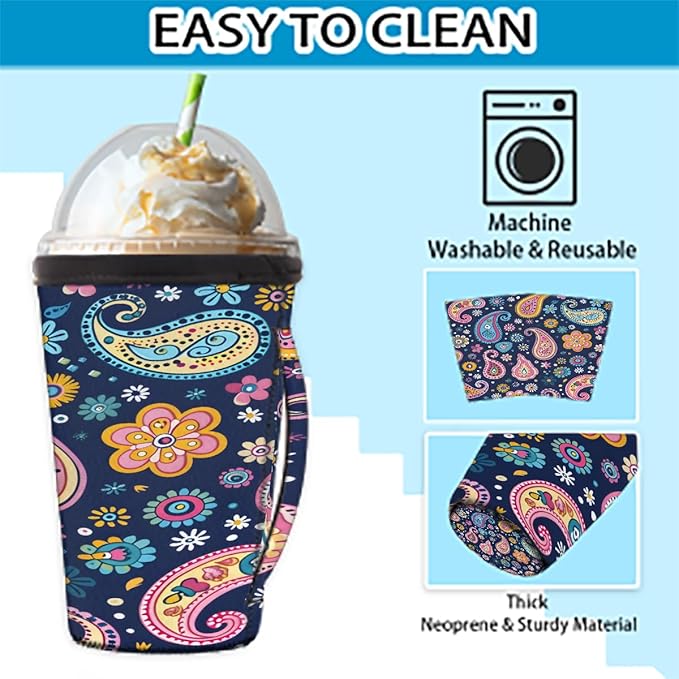 Reusable Iced Coffee Cup Sleeve Paisley Neoprene Insulated Sleeves Cup Holder with handle Idea for 16oz - 18oz