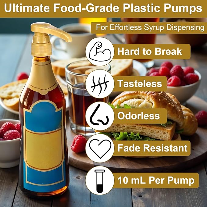12 Pcs Coffee Syrup Pump with Tip Cover, Gold Reusable Coffee Syrup Pump Dispenser Fits 750 ml Skinny Bottles, Great for Home, Coffees Bar Drinking Mixes, Tea, Beverage, Cocktails