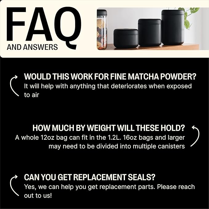 Fellow Atmos Vacuum Coffee Canister & Food Storage Container - 0.4 Liter Canister holds up to 6 oz of Coffee Beans - Airtight Food Storage Containers - Coffee Containers - 0.4 Liter - Matte Black