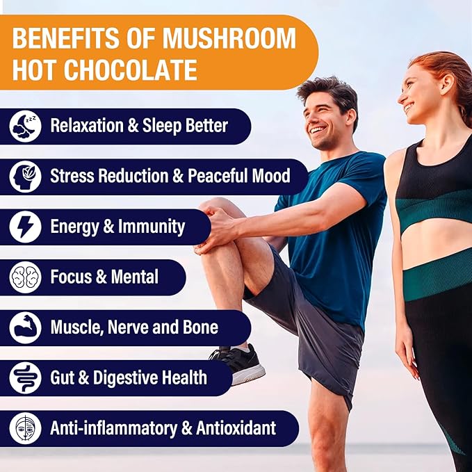 Mushroom Hot Cocoa with Magnesium Glycinate, Reishi, L-Theanine, Ashwagandha, Lemon Balm, Lavender, Cacao Powder Organic Hot Chocolate Supplement for Sleep, Relaxation, No Melatonin, Vegan, 3P