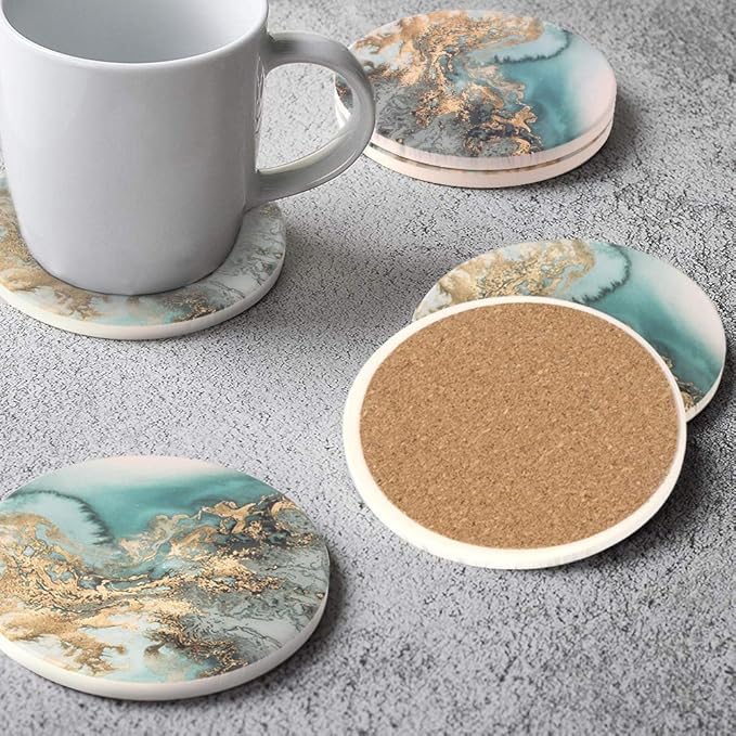 Lahome Marble Pattern Coasters - Round Drinks Absorbent Stone Coaster Set with Ceramic Stone and Cork Base for Kinds of Mugs and Cups (Blue, Set of 6)