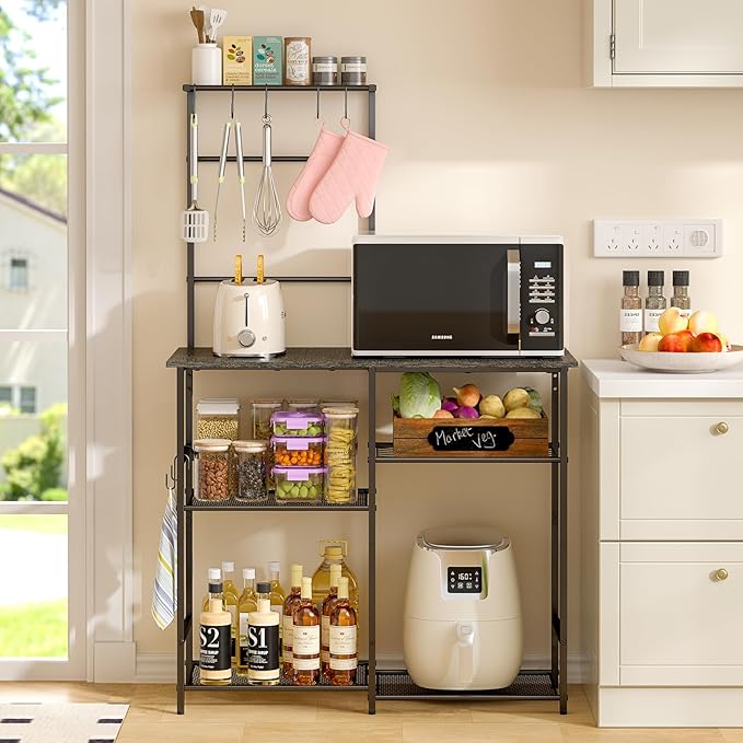 Baker's Rack for Kitchen with Storage, Microwave Stand with Adjustable Shelves, Kitchen Stand with 10 S Hooks, 6-Tier Coffee Bar Station, Storage Shelves for Spices, Pots, Gray