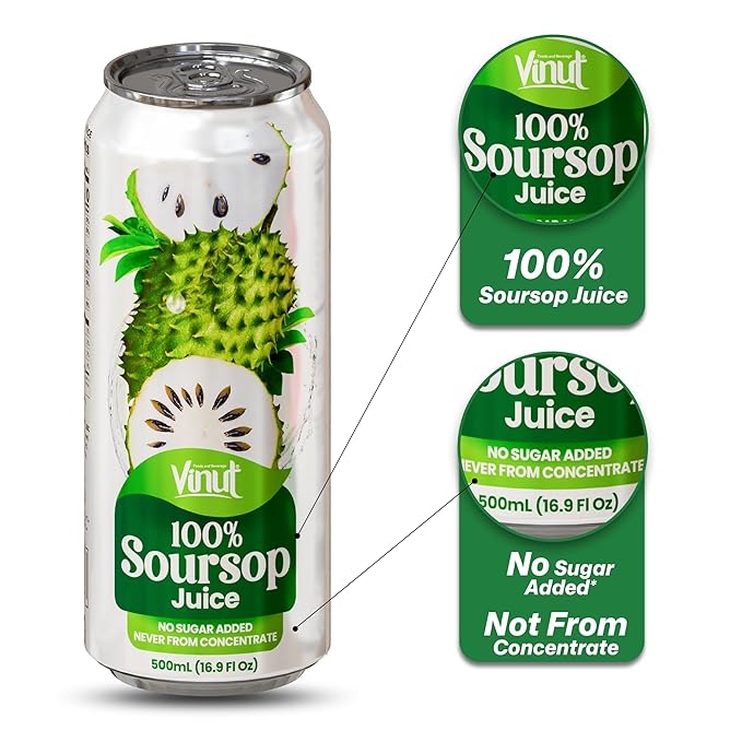 VINUT 100% Soursop Juice, No Added Sugar, Not From Concentrate, 16.9 fl oz (500 mL) Can, Pack of 12