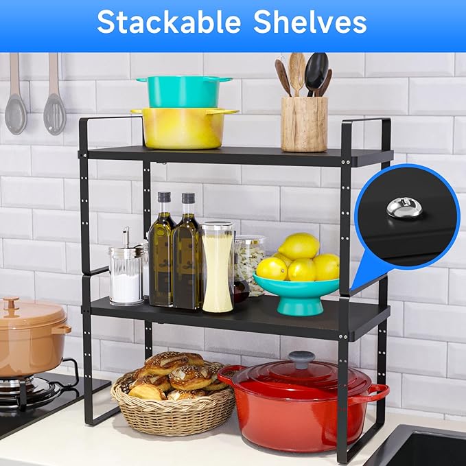 KIKIBRO Expandable Cabinet Shelf Organizer, Stackable Kitchen Pantry Counter Storage, Adjustable Closet Cupboard Stand Rack Risers Spice Organization 80LBS Heavy Duty Black Large 2 Pack