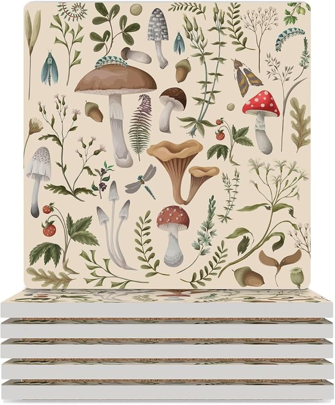 Square-6PCS Botanical Drink Coasters, Square Modern Ceramic Absorbent Coasters, Nature Cartoon Botanical Leaves Mushroom Plants Pattern Decor Desk Coffee Table Coaster for Beverage Cup Tea Coasters