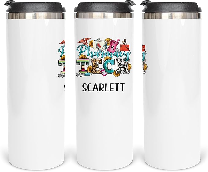 Skinny 14oz Gift for Pharmacist, Color Sublimated Coffee Mug for Pharmacist, Gift With Lid for Office Staff Team, RX, CPhT, Vinyl, Appreciation Gift for Staff Team, Vacuum Insulated SS Mug