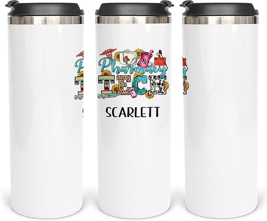 Skinny 14oz Gift for Pharmacist, Color Sublimated Coffee Mug for Pharmacist, Gift With Lid for Office Staff Team, RX, CPhT, Vinyl, Appreciation Gift for Staff Team, Vacuum Insulated SS Mug