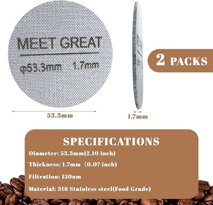 Meet Great- 2 Packs 53.3mm Espresso Puck Screen, 1.7mm Thickness 150μm 316L Stainless Steel, Upgraded Reusable Coffee Filter Screen for 54mm Breville Portafilter Filter Basket